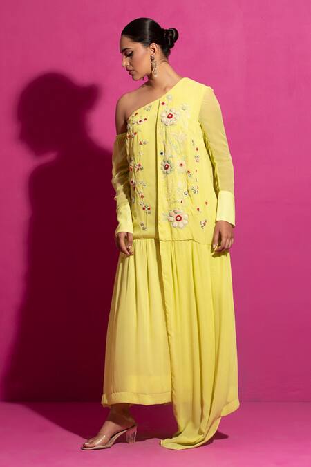 Saksham & Neharicka_Yellow Crepe Embroidery One Shoulder Bloom Maxi Dress _Online_at_Aza_Fashions
