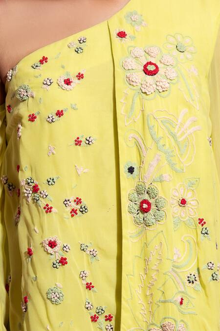 Buy_Saksham & Neharicka_Yellow Crepe Embroidery One Shoulder Bloom Maxi Dress _Online_at_Aza_Fashions