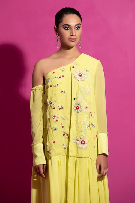 Shop_Saksham & Neharicka_Yellow Crepe Embroidery One Shoulder Bloom Maxi Dress _Online_at_Aza_Fashions