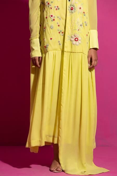 Saksham & Neharicka_Yellow Crepe Embroidery One Shoulder Bloom Maxi Dress _at_Aza_Fashions