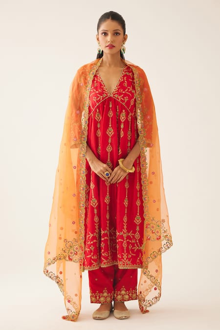 Kora Red , Organza Embroidery, Sequins V-neck Dori Kurta Pant Set