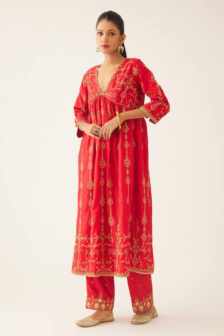 Buy_Kora_Red , Organza Embroidery, Sequins V-neck Dori Kurta Pant Set _Online_at_Aza_Fashions