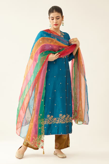 Kora Blue , Organza Embroidery, Sequins Round Neck Kurta Pant Set