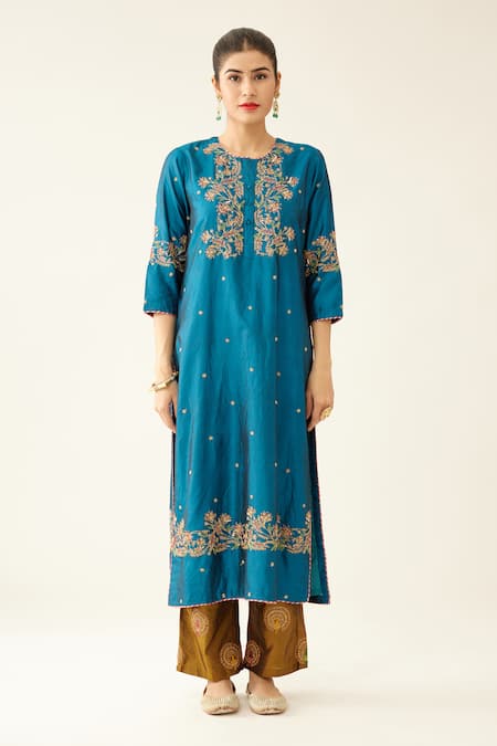 Kora Blue , Organza Embroidery, Sequins Round Neck Kurta Pant Set Online at Aza Fashions Kora_Blue , Organza Embroidery, Sequins Round Neck Kurta Pant Set _Online_at_Aza_Fashions