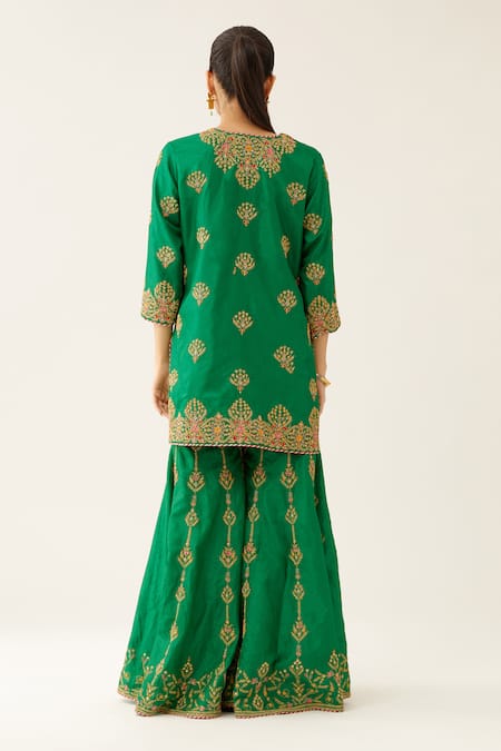 Shop Kora Green , Organza, Cotton Embroidery, Sequins, Short Kurta Sharara Set at Aza Fashions Shop_Kora_Green , Organza, Cotton Embroidery, Sequins, Short Kurta Sharara Set _at_Aza_Fashions
