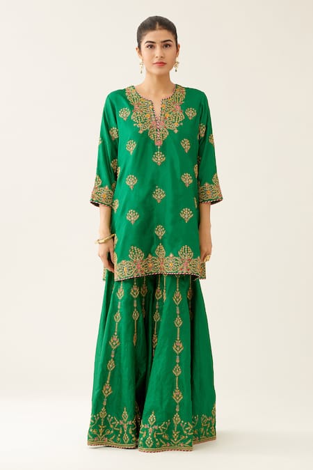 Kora Green , Organza, Cotton Embroidery, Sequins, Short Kurta Sharara Set Online at Aza Fashions Kora_Green , Organza, Cotton Embroidery, Sequins, Short Kurta Sharara Set _Online_at_Aza_Fashions
