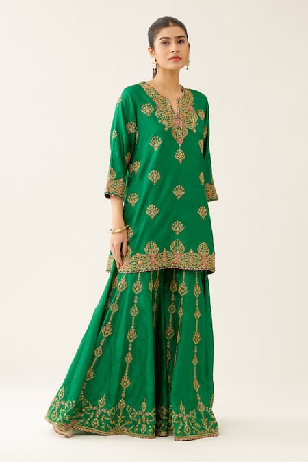 Buy Kora Green , Organza, Cotton Embroidery, Sequins, Short Kurta Sharara Set Online at Aza Fashions Buy_Kora_Green , Organza, Cotton Embroidery, Sequins, Short Kurta Sharara Set _Online_at_Aza_Fashions