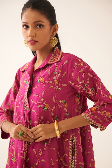 Kora_Purple , Organza, Cotton Beads, Sequins, Embroidery Kurta And Pant Set _at_Aza_Fashions