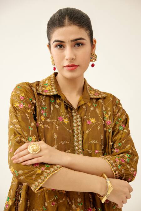Kora_Gold , Organza, Cotton Sequins, Beads, Diamonds, Dori Kurta And Pant Set _Online_at_Aza_Fashions