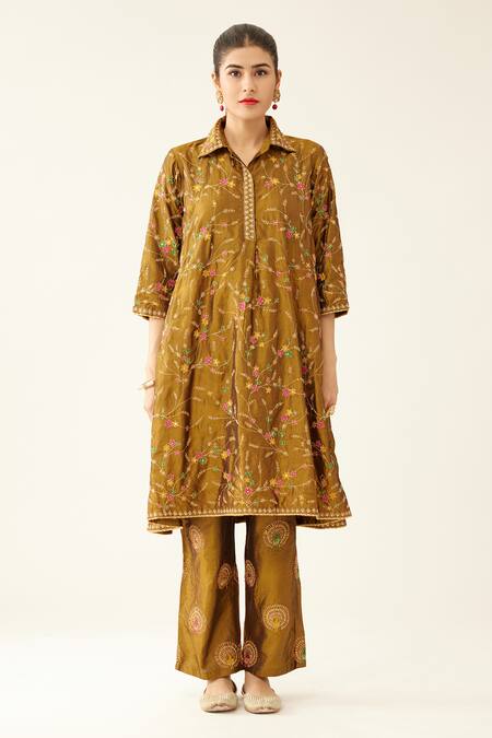 Buy_Kora_Gold , Organza, Cotton Sequins, Beads, Diamonds, Dori Kurta And Pant Set _Online_at_Aza_Fashions