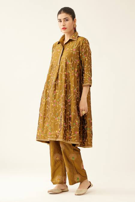 Shop_Kora_Gold , Organza, Cotton Sequins, Beads, Diamonds, Dori Kurta And Pant Set _Online_at_Aza_Fashions
