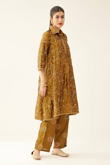Kora_Gold , Organza, Cotton Sequins, Beads, Diamonds, Dori Kurta And Pant Set _at_Aza_Fashions