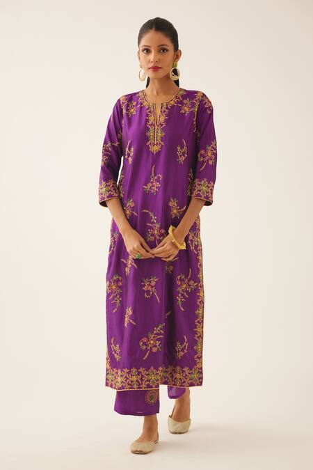 Kora_Purple , Organza Beads, Sequins, Embroidery Straight Kurta Pant Set _Online_at_Aza_Fashions