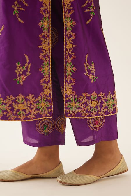 Shop_Kora_Purple , Organza Beads, Sequins, Embroidery Straight Kurta Pant Set _Online_at_Aza_Fashions