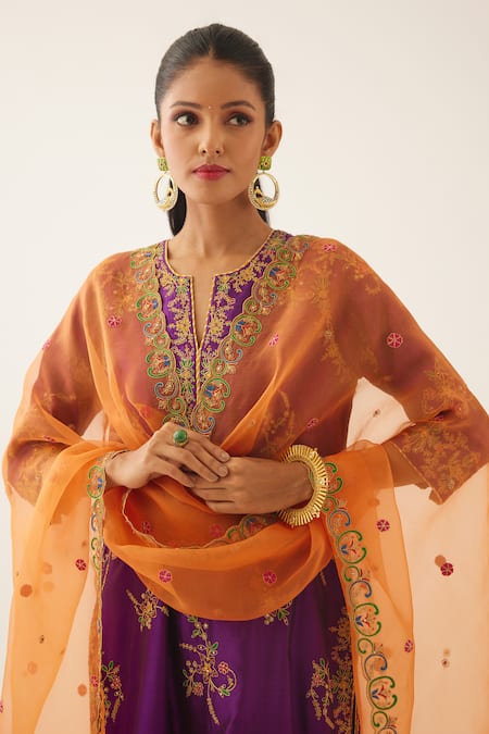 Kora_Purple , Organza Beads, Sequins, Embroidery Straight Kurta Pant Set _at_Aza_Fashions