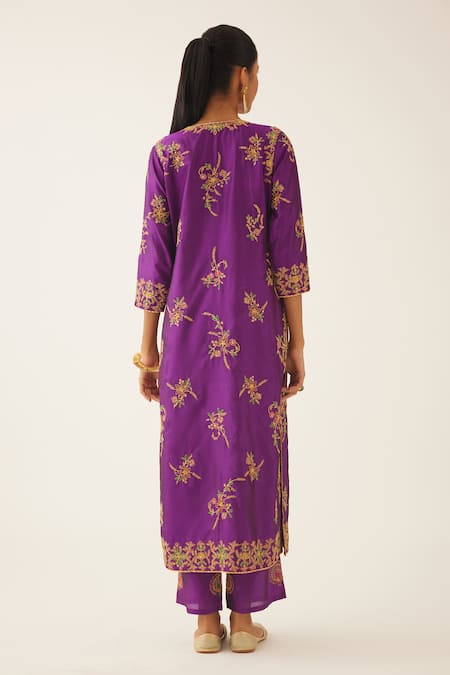 Shop_Kora_Purple , Organza Beads, Sequins, Embroidery Straight Kurta Pant Set _at_Aza_Fashions