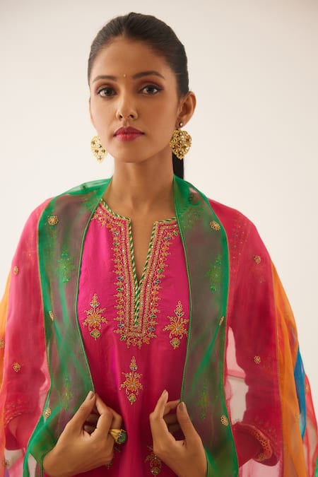 Kora_Pink , Organza, Cotton Embroidery, Sequins, Straight Kurta Salwar Set _at_Aza_Fashions
