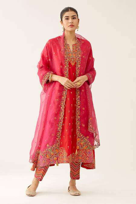 Shop_Kora_Red , Organza, Cotton Embroidery, Beads, Sequins Split Kurta Salwar Set _at_Aza_Fashions