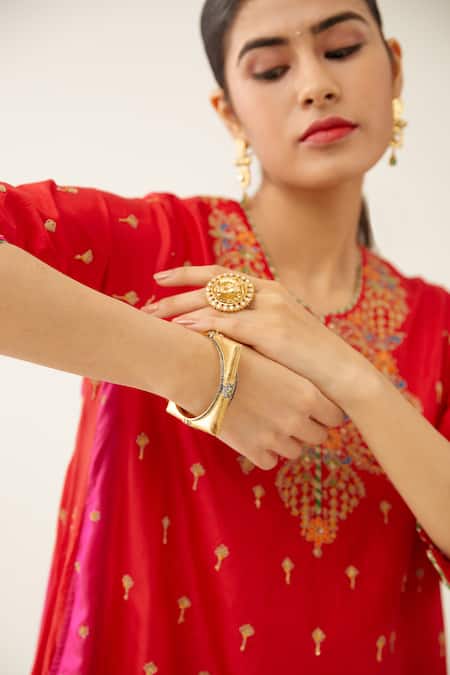 Kora_Red , Organza, Cotton Embroidery, Beads, Sequins Split Kurta Salwar Set _Online_at_Aza_Fashions
