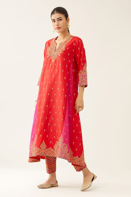 Buy_Kora_Red , Organza, Cotton Embroidery, Beads, Sequins Split Kurta Salwar Set _Online_at_Aza_Fashions