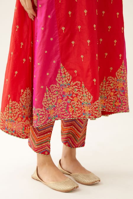 Shop_Kora_Red , Organza, Cotton Embroidery, Beads, Sequins Split Kurta Salwar Set _Online_at_Aza_Fashions