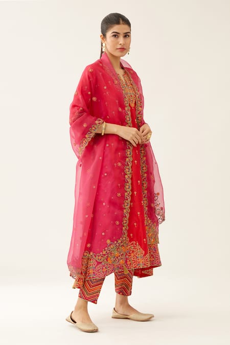 Kora_Red , Organza, Cotton Embroidery, Beads, Sequins Split Kurta Salwar Set _at_Aza_Fashions