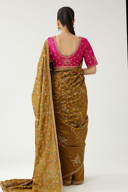 Shop_Kora_Gold Silk, Cotton Beads, Sequins V-neck Embroidered Saree With Blouse _at_Aza_Fashions