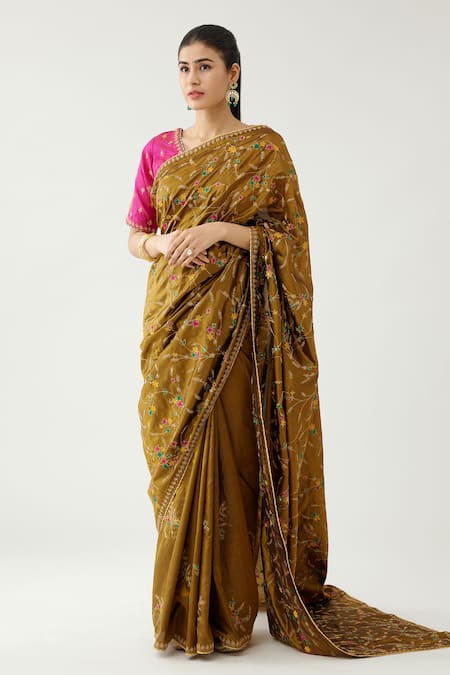 Kora_Gold Silk, Cotton Beads, Sequins V-neck Embroidered Saree With Blouse _Online_at_Aza_Fashions