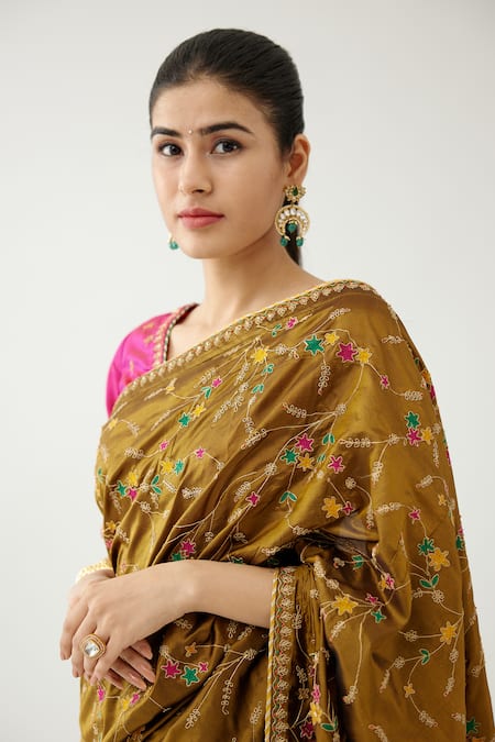 Shop_Kora_Gold Silk, Cotton Beads, Sequins V-neck Embroidered Saree With Blouse _Online_at_Aza_Fashions