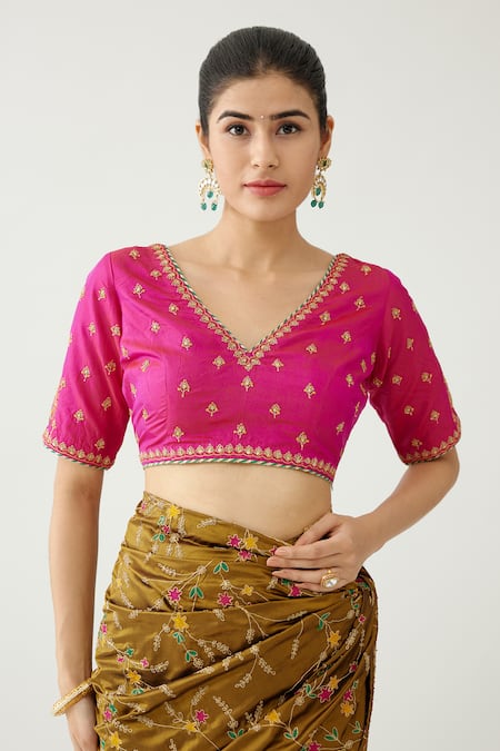 Kora_Gold Silk, Cotton Beads, Sequins V-neck Embroidered Saree With Blouse _at_Aza_Fashions