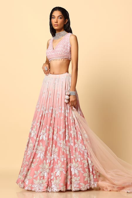 Shop Meenagurnam Pink Viscose, Georgette, Net Pearls, Embroidered Blouse Bridal Lehenga Set Online at Aza Fashions Shop_Meenagurnam_Pink Viscose, Georgette, Net Pearls, Embroidered Blouse Bridal Lehenga Set _Online_at_Aza_Fashions