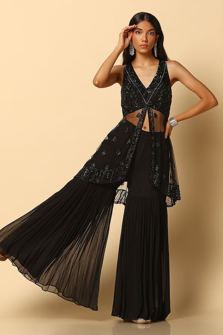 Buy_Meenagurnam_Black Viscose, Georgette, Net Stones V-neck Embroidered Peplum Top And Sharara Set _Online_at_Aza_Fashions