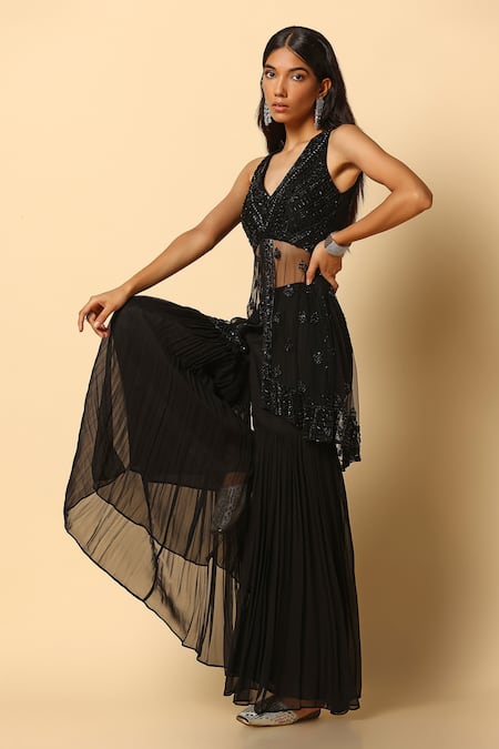 Shop_Meenagurnam_Black Viscose, Georgette, Net Stones V-neck Embroidered Peplum Top And Sharara Set _Online_at_Aza_Fashions