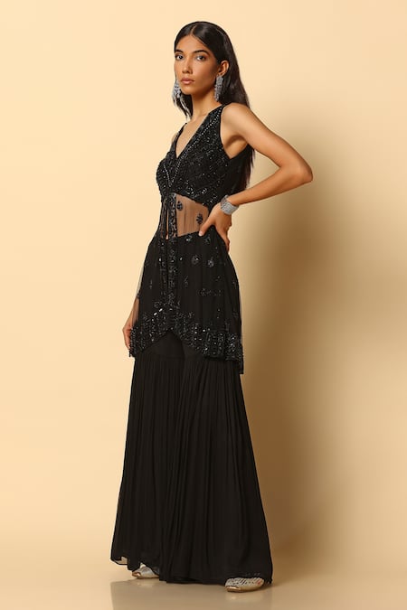 Meenagurnam_Black Viscose, Georgette, Net Stones V-neck Embroidered Peplum Top And Sharara Set _at_Aza_Fashions