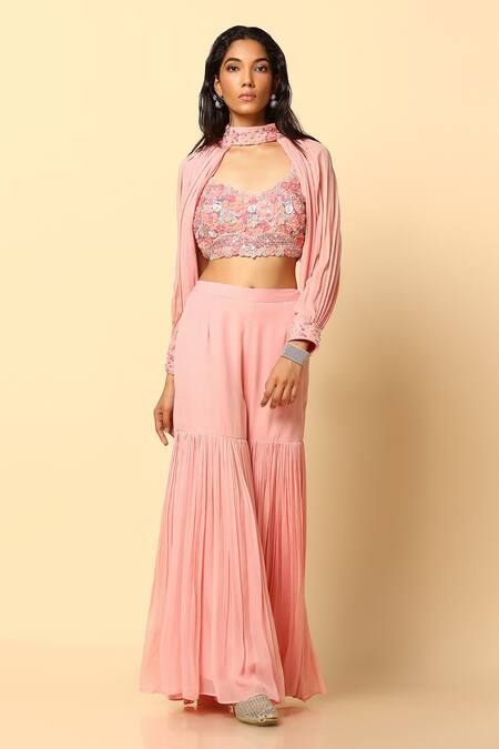 Meenagurnam Pink Viscose, Georgette, Net Sequins, Crystals, Embroidery Blouse Sharara Set Online at Aza Fashions Meenagurnam_Pink Viscose, Georgette, Net Sequins, Crystals, Embroidery Blouse Sharara Set _Online_at_Aza_Fashions