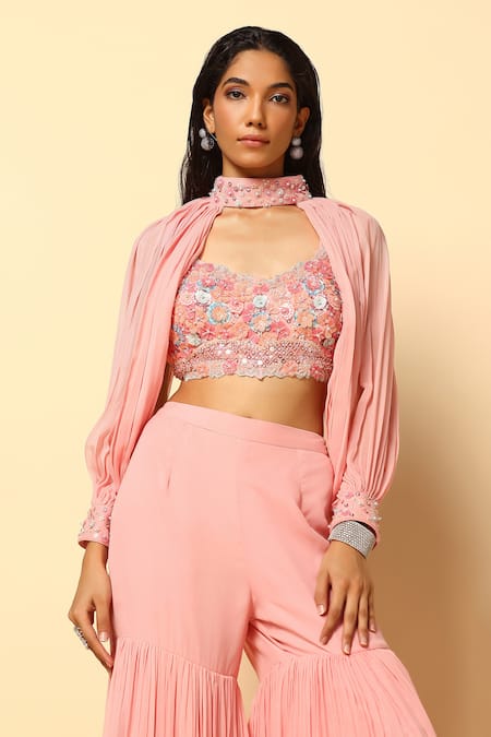 Buy Meenagurnam Pink Viscose, Georgette, Net Sequins, Crystals, Embroidery Blouse Sharara Set Online at Aza Fashions Buy_Meenagurnam_Pink Viscose, Georgette, Net Sequins, Crystals, Embroidery Blouse Sharara Set _Online_at_Aza_Fashions