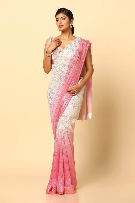 Meenagurnam_Pink Georgette, Net Sequins, Mirrors, Crystals Embroidered Saree With Blouse_Online_at_Aza_Fashions