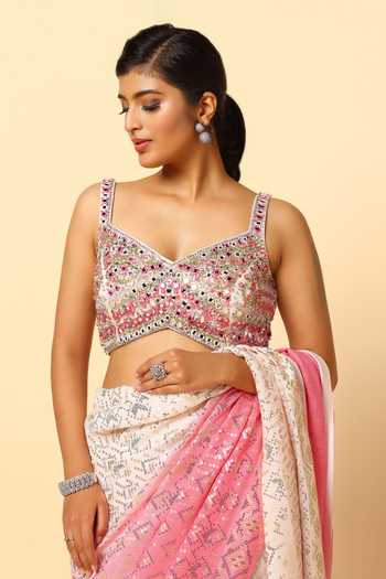 Shop_Meenagurnam_Pink Georgette, Net Sequins, Mirrors, Crystals Embroidered Saree With Blouse_Online_at_Aza_Fashions
