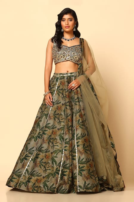MeenaGurnam Green Silk Printed Floral Sweetheart Lehenga Set 