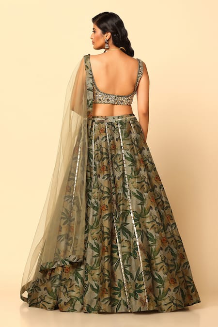Meenagurnam Green Silk, Net Sequins, Crystals Sweetheart Neck Floral Print Lehenga Set Online at Aza Fashions Meenagurnam_Green Silk, Net Sequins, Crystals Sweetheart Neck Floral Print Lehenga Set _Online_at_Aza_Fashions