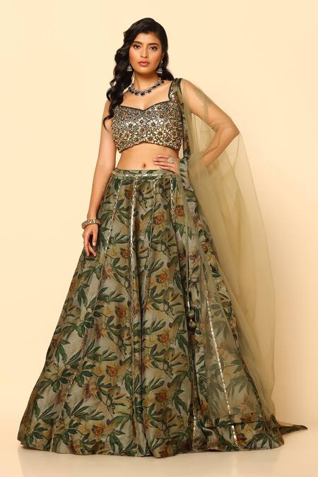 Shop Meenagurnam Green Silk, Net Sequins, Crystals Sweetheart Neck Floral Print Lehenga Set Online at Aza Fashions Shop_Meenagurnam_Green Silk, Net Sequins, Crystals Sweetheart Neck Floral Print Lehenga Set _Online_at_Aza_Fashions