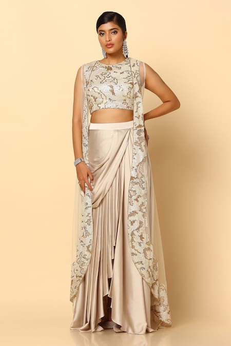 MeenaGurnam Embroidered Cape Skirt Set 