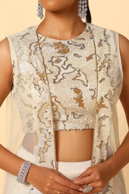 Buy_Meenagurnam_Ivory Satin, Net Sequins, Piping Round Neck Embroidered Cape Skirt Set _Online_at_Aza_Fashions