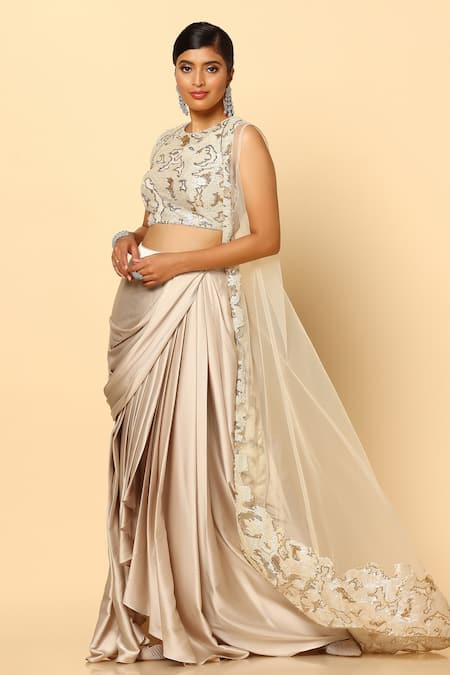 Shop_Meenagurnam_Ivory Satin, Net Sequins, Piping Round Neck Embroidered Cape Skirt Set _Online_at_Aza_Fashions