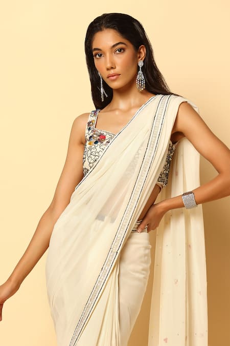 Shop_Meenagurnam_Ivory Viscose, Georgette Embroidery, Cut Work Hand Pre-draped Saree With Blouse _Online_at_Aza_Fashions