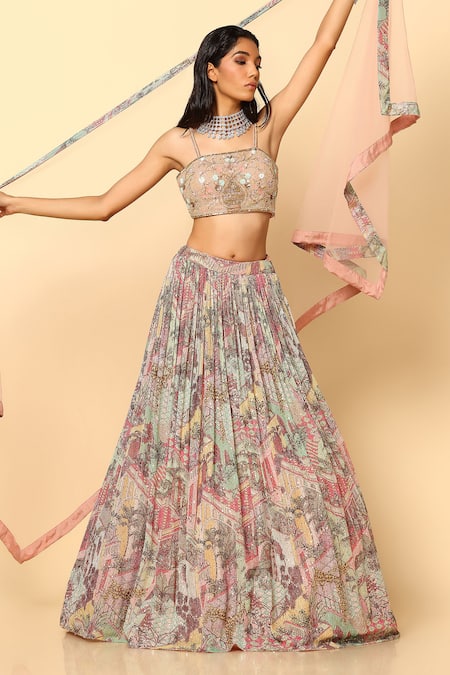 MeenaGurnam Pink Net Printed Abstract Square Neck Lehenga Set 