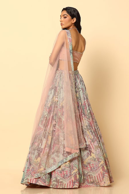 Meenagurnam Pink Net Sequins, Beads Square Neck Abstract Print Lehenga Set Online at Aza Fashions Meenagurnam_Pink Net Sequins, Beads Square Neck Abstract Print Lehenga Set _Online_at_Aza_Fashions
