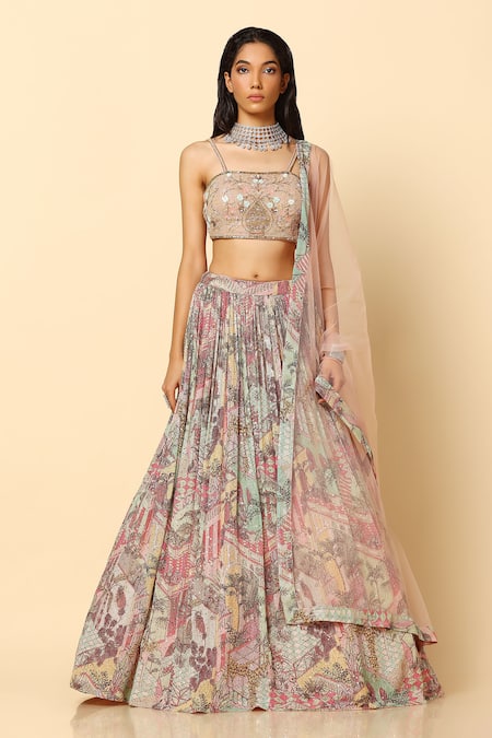 Buy Meenagurnam Pink Net Sequins, Beads Square Neck Abstract Print Lehenga Set Online at Aza Fashions Buy_Meenagurnam_Pink Net Sequins, Beads Square Neck Abstract Print Lehenga Set _Online_at_Aza_Fashions