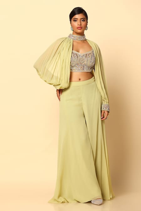 Meenagurnam Green Viscose, Georgette, Net Beads V-neck Embroidered Blouse Sharara Set 