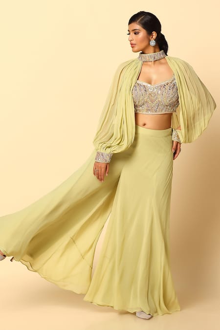 Buy Meenagurnam Green Viscose, Georgette, Net Beads V-neck Embroidered Blouse Sharara Set Online at Aza Fashions Buy_Meenagurnam_Green Viscose, Georgette, Net Beads V-neck Embroidered Blouse Sharara Set _Online_at_Aza_Fashions